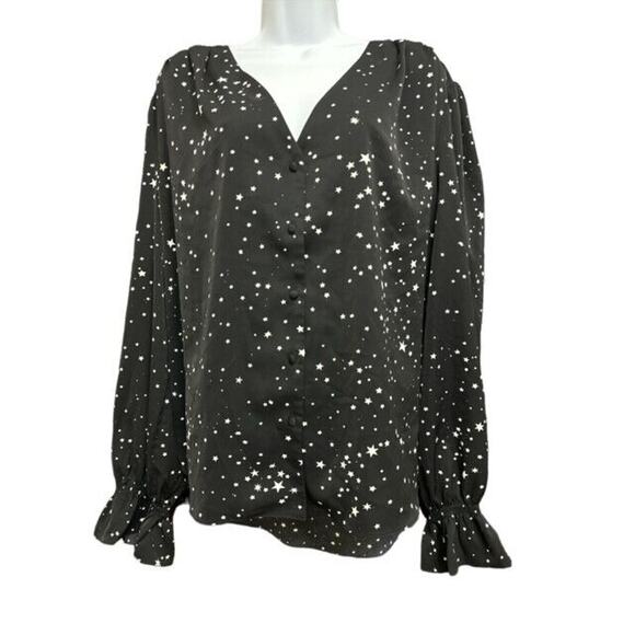 ACOA 2X Top Black White Stars Covered Buttons V-Neck Long Sleeves Elastic Cuffs - Picture 1 of 5